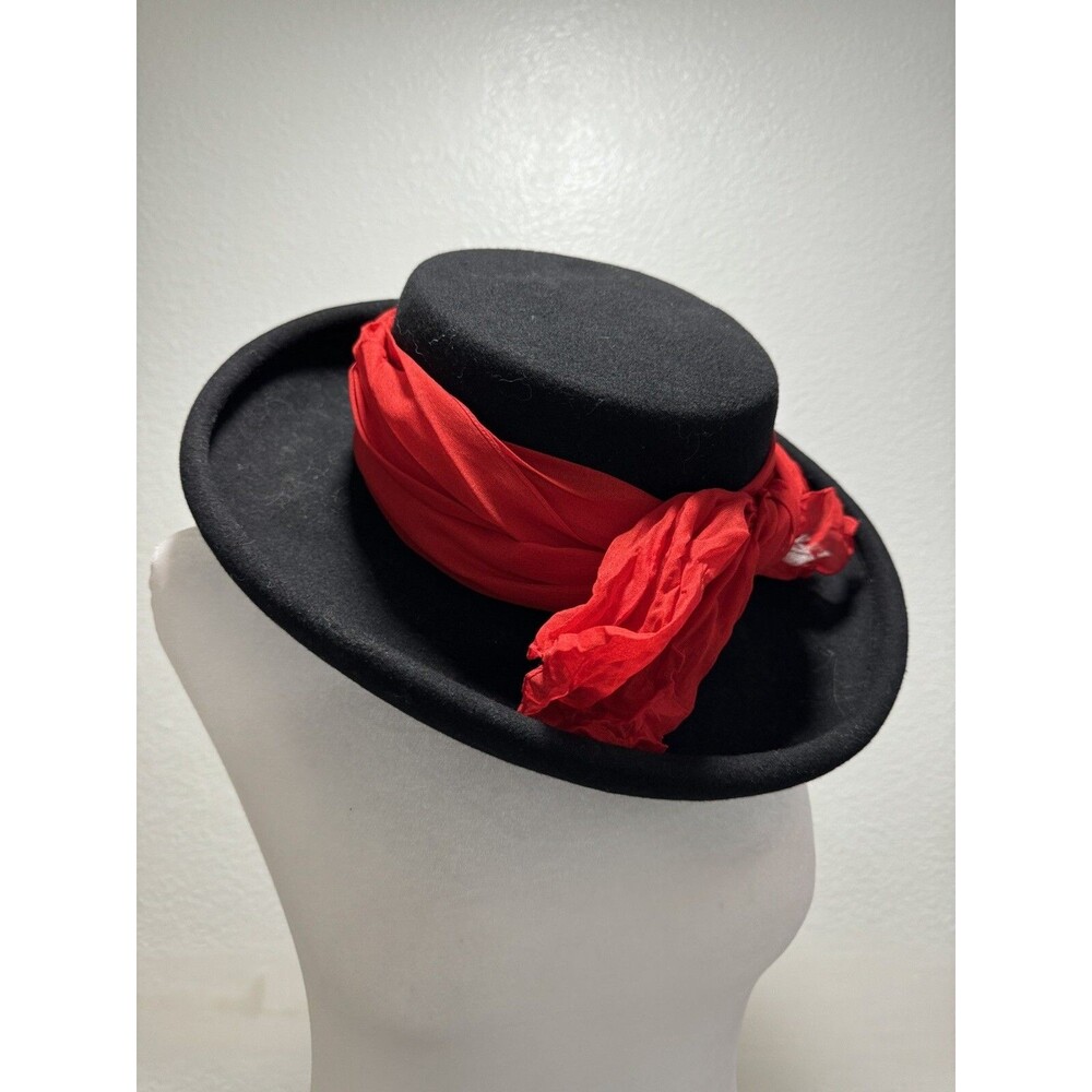 Bollman & Co. Doeskin Felt 100% Vintage Hat Black Wool Scarf Made In Italy Red